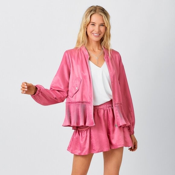 MYSTREE Pink Satin Pleated Hem Bomber Jacket - Picture 6 of 7